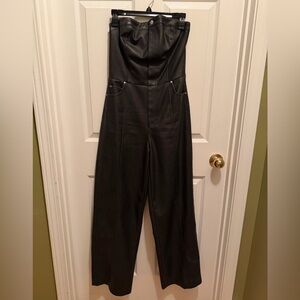 PrettyLittleThing Black Strapless Faux Leather Wide-Leg Jumpsuit